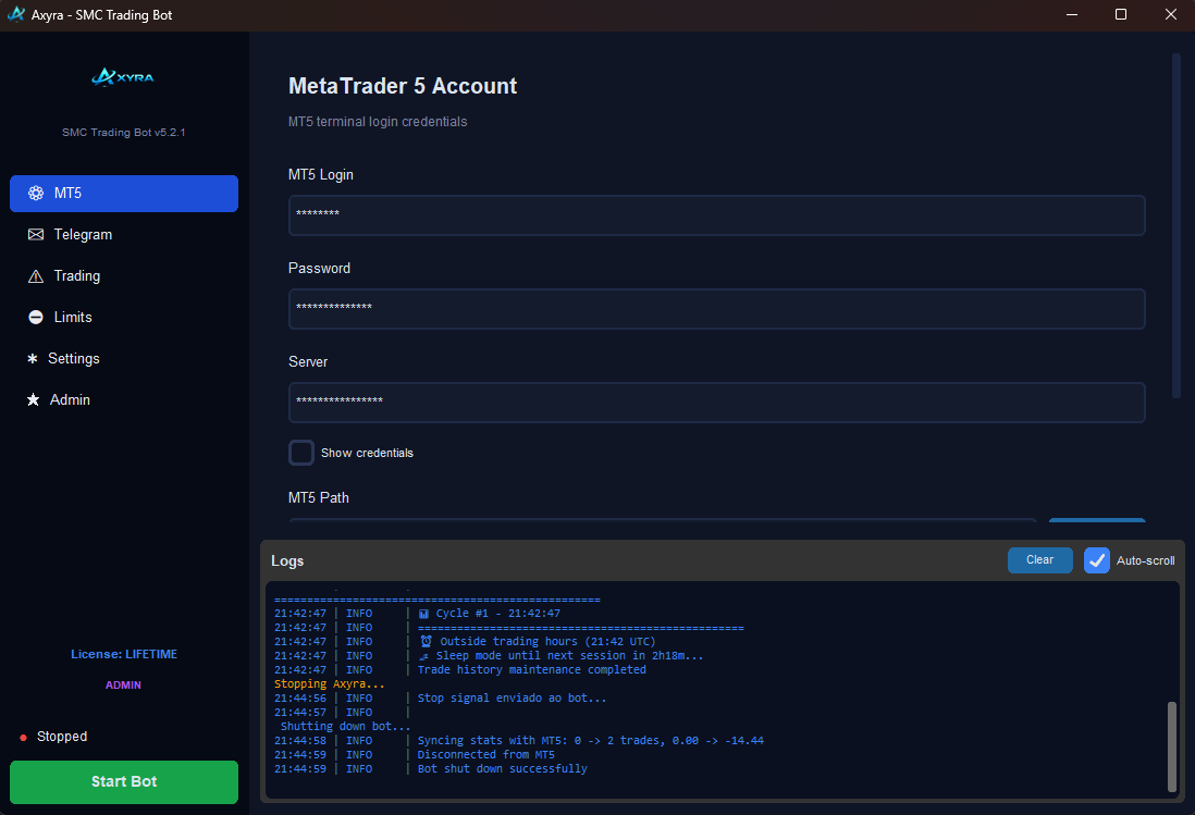 MT5 Connection & Live Logs